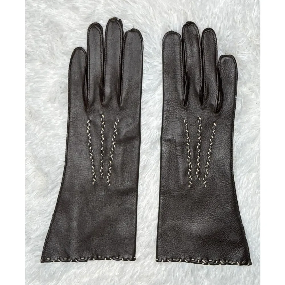 1970s Brown Deerskin Leather Gloves Contrast Whipstitch Size 7